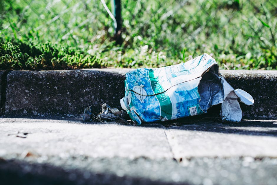 A crumpled plastic bag with a blue, green, and white design lies discarded on a concrete sidewalk near the edge of a curb. The bag appears to be made of thin, flexible plastic material, with some sections torn or crumpled. It is positioned in the foreground, close to the curb, with small debris and fragments of plastic around it. Behind the bag, there is a strip of grass with vibrant green blades and some out-of-focus vegetation, indicating an outdoor environment. The concrete surface has a rough, textured finish, and the curb shows signs of weathering with slight discolouration and moss growth. Bright natural sunlight illuminates the scene, casting minimal shadows. This scene visually represents the need for waste collection services such as those provided by Rubbish Clearance Greenwich, highlighting the importance of proper rubbish removal from urban areas to prevent littering.