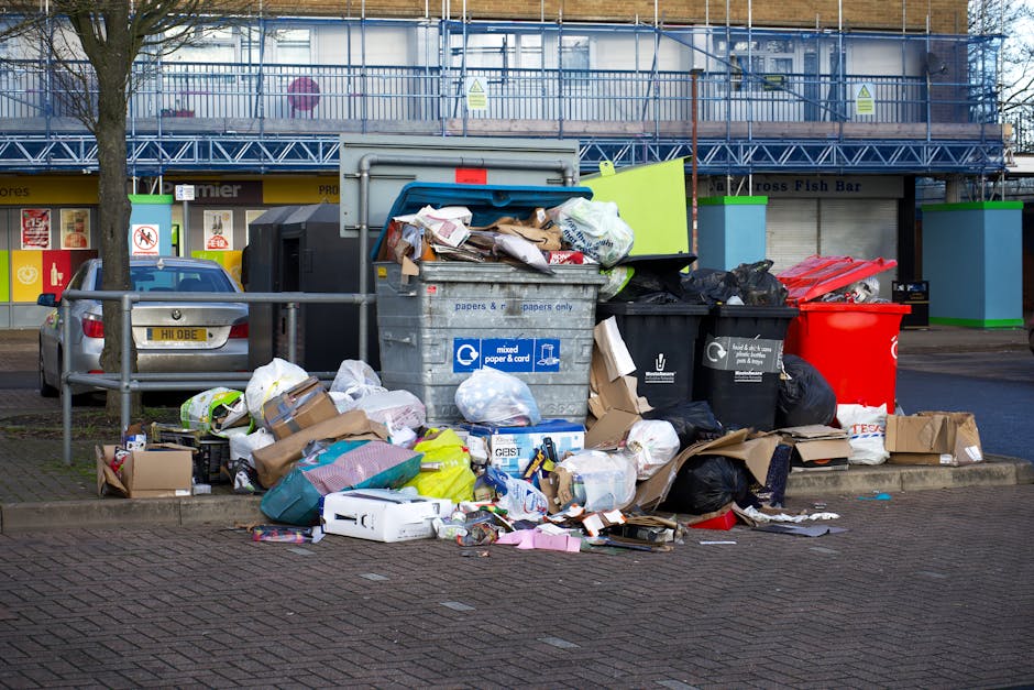A large collection of overflowing rubbish bins and scattered waste on a paved sidewalk area in front of a row of retail shops, including a grey mixed paper and cardboard bin, black general waste bins, and a red recycling bin. Cardboard boxes, plastic bags, and loose paper spill onto the pavement, with some items leaning on a metal railing that separates the waste area from the adjacent parking spaces. Behind the waste, there is a parking lot with a grey car and a tree planted in a small patch of soil, with a building facade featuring some shopfronts and signage, and a blue scaffolding structure covering the upper level, indicating ongoing construction or building work. The scene is illuminated by natural daylight, emphasizing the cluttered and unmanaged nature of the rubbish accumulation, illustrating the kind of waste collection challenge that might necessitate private rubbish clearance services such as those provided by Rubbish Clearance Greenwich in SE10.